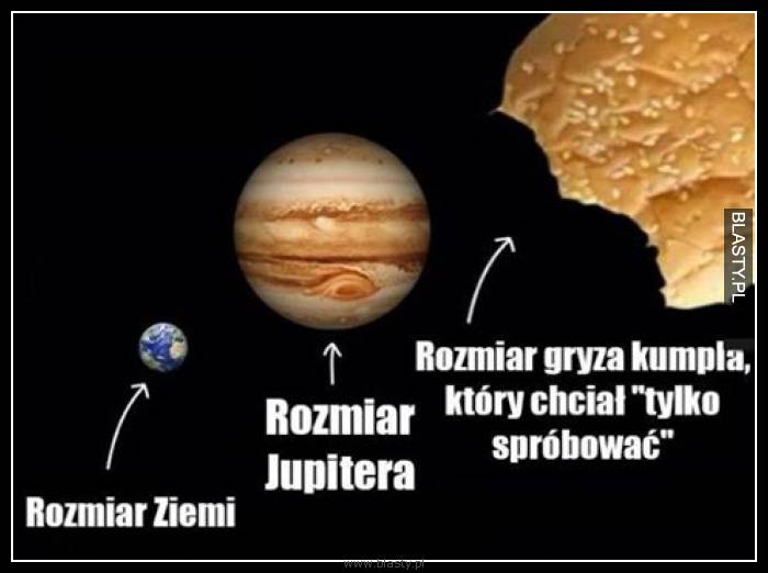 Rozmiar ziemi vs rozmiar jupitera vs rozmiar gryza kumpla