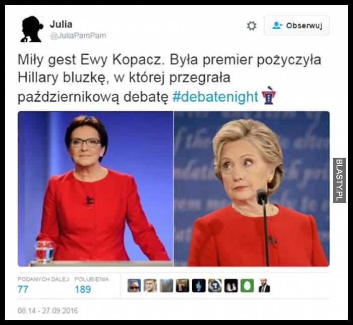 Miły gest Ewy Kopacz. Była premier pożyczyła Hillary Clinton bluzkę, w której przegrała październikową debatę