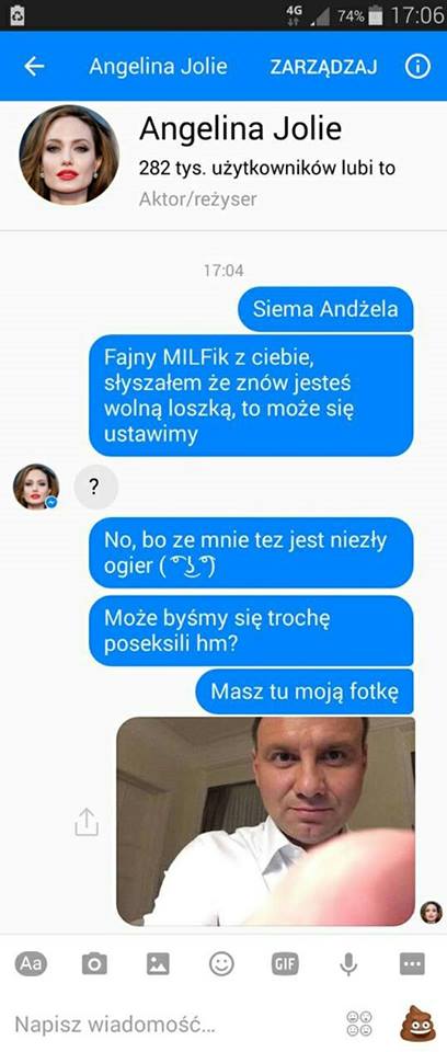 Siema Andżela fajny milfik z Ciebie - słyszałem, że znowu jesteś wolną loszką to może się ustawimy ?