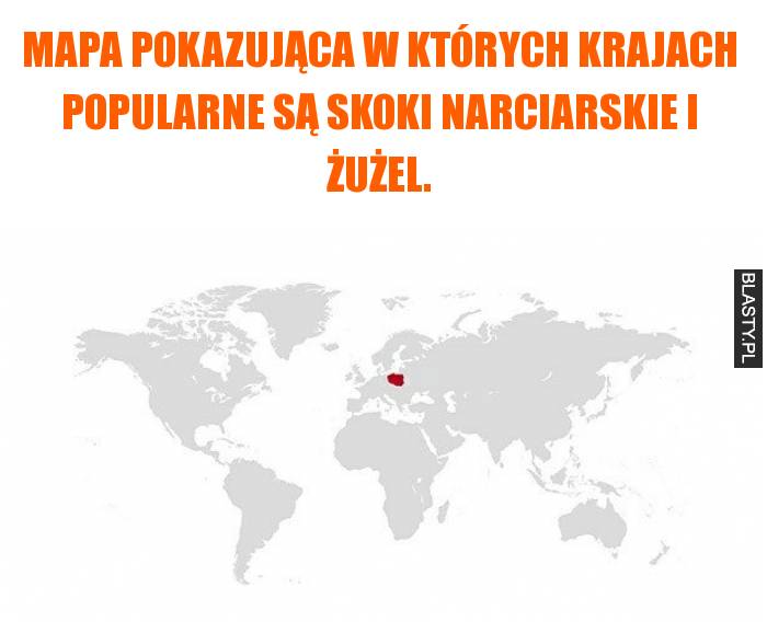 Mapa pokazująca w których krajach popularne są skoki narciarskie i żużel.