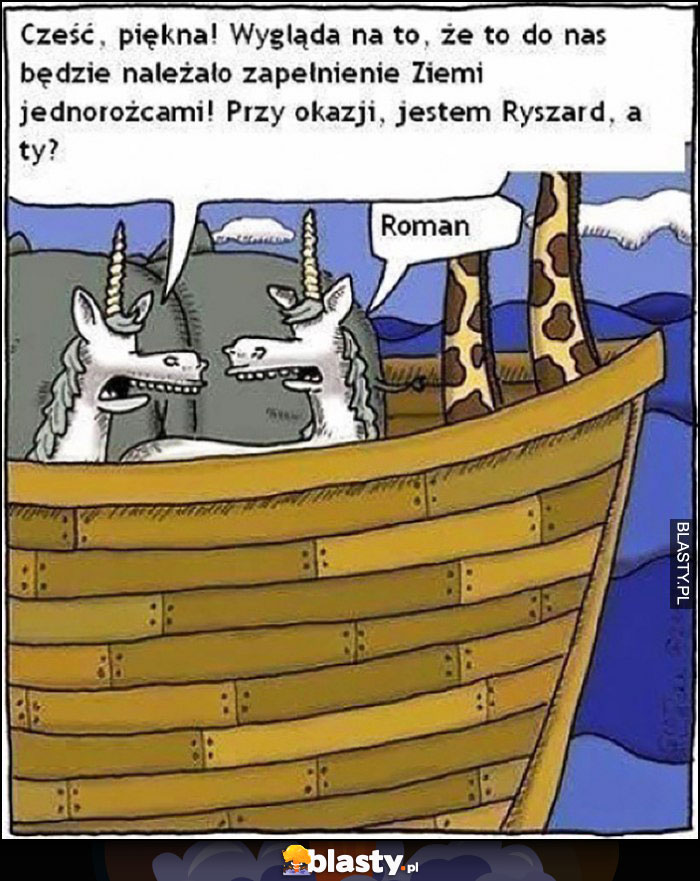 Cześć piękna, wygląda na to, żę to do nas będzie należało zapełnienie Ziemi jednorożcami, jestem Ryszard, a Ty? Roman Arka Noego