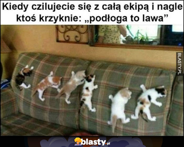 Kiedy czilujecie się z całą ekipą i nagle ktoś krzyknie podłoga to lawa. Koty na łóżku tapczanie