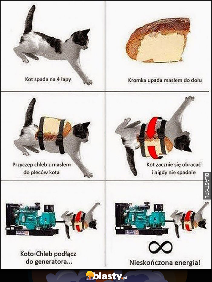 Perpetuum mobile: kot spada na 4 łapy, kromka upada masłem do dołu = nieskończona energia