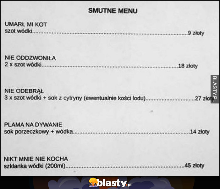 Smutne menu w restauracji: umarł mi kot, nie oddzwoniła, nie odebrał, plama a dywanie, nikt mnie nie kocha