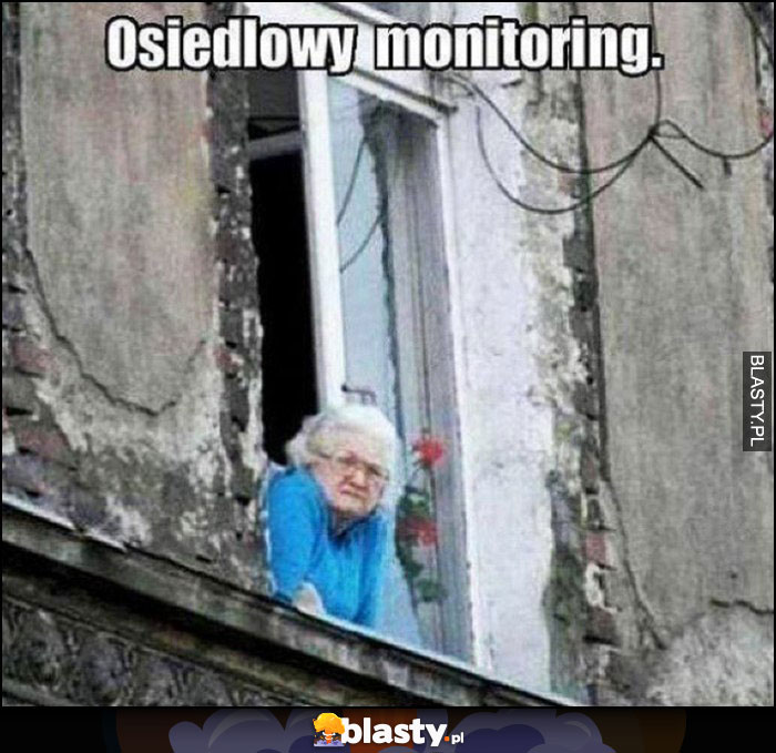 Osiedlowy monitoring babcia siedzi w oknie