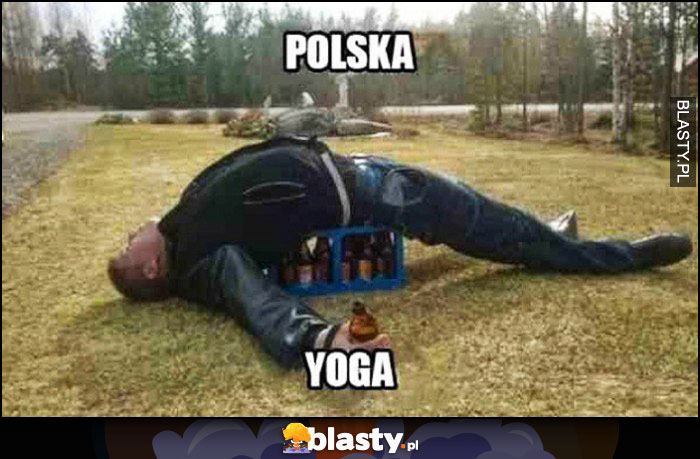 Polska yoga nawalony pijany facet na skrzyni piwa