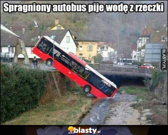 Spragniony autobus pije wodę z rzeczki wypadek