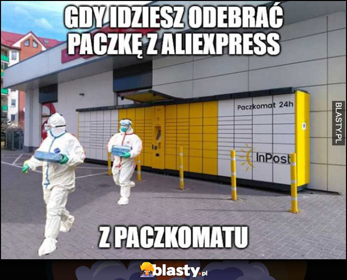 Gdy idziesz odebrać paczkę z Aliexpress z paczkomatu strój ochronny przeciw wirusom zakażeniu koronawirus