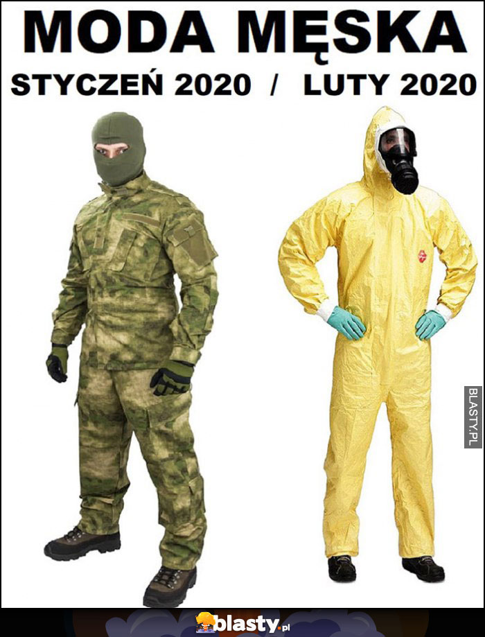 Moda męska: styczeń 2020 vs luty 2020 wojna mundur vs wirus kombinezon ochronny