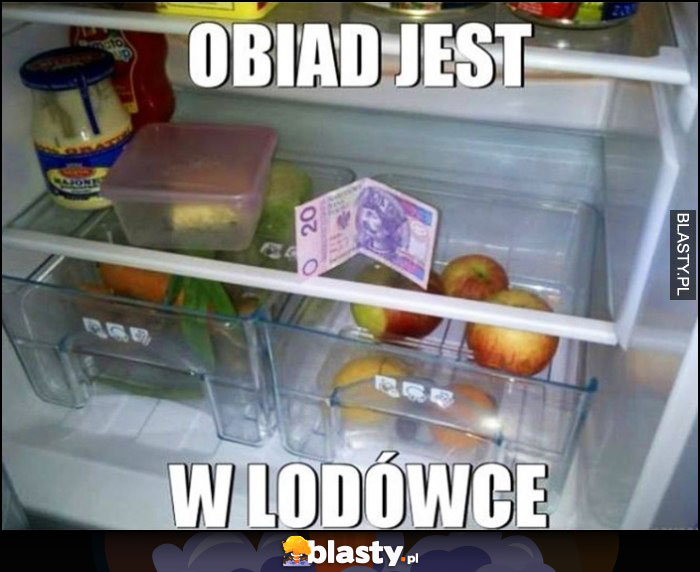 Obiad jest w lodówce banknot 20 złotych