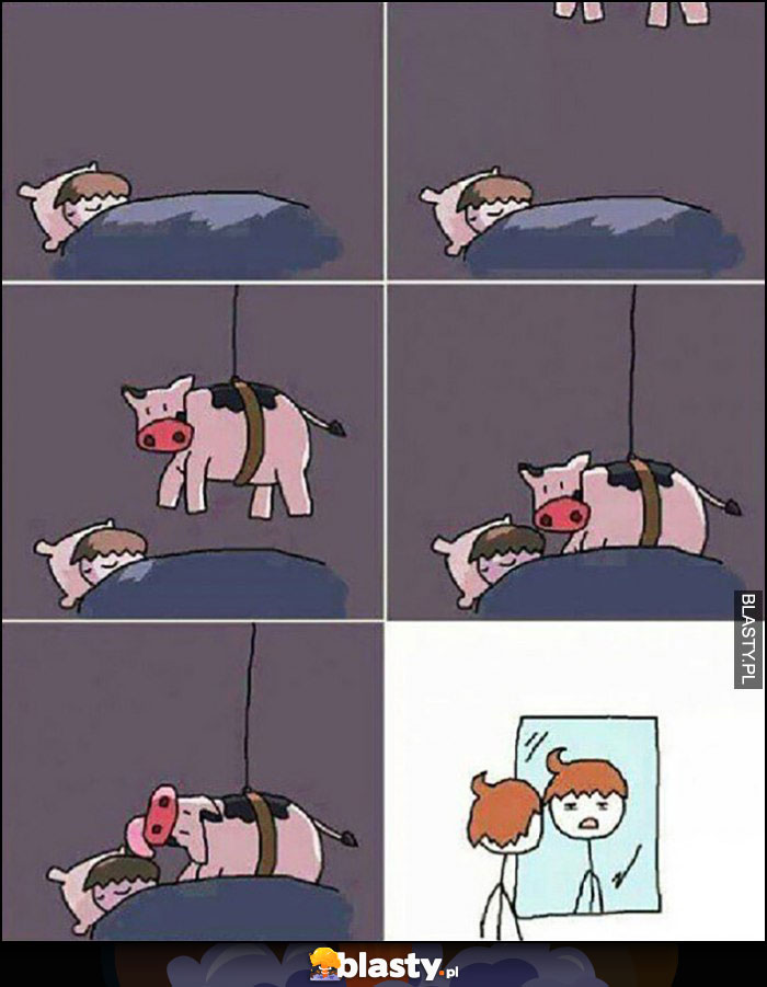 Fryzura podczas snu krowa zjeżdża na linie i liże włosy komiks