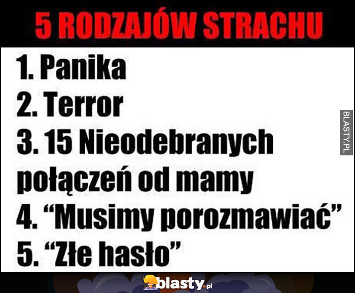 5 rodzajów strachu: panika, terror, 15 nieodebranych od mamy, musimy porozmawiać, złe hasło