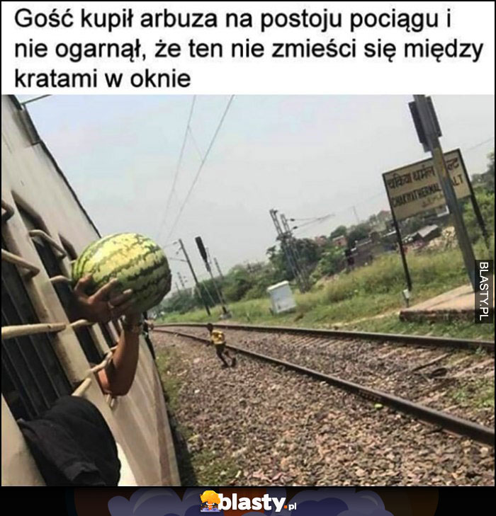 Gość kupił arbuza na postoju pociągu i nie ogarnął, że ten nie zmieści się między kratami w oknie
