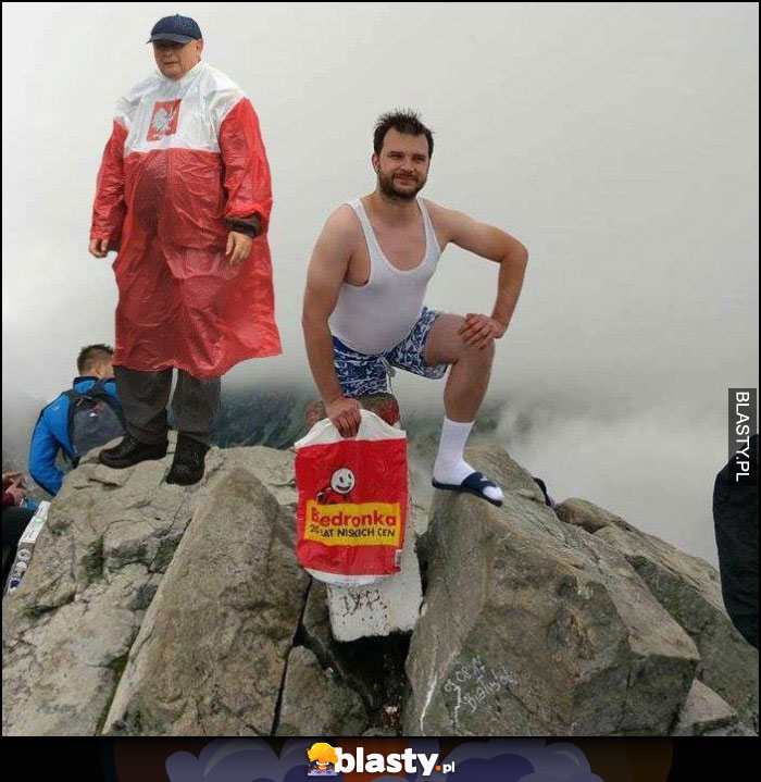 Typowy Polak na szczycie góry Kaczyński przeróbka