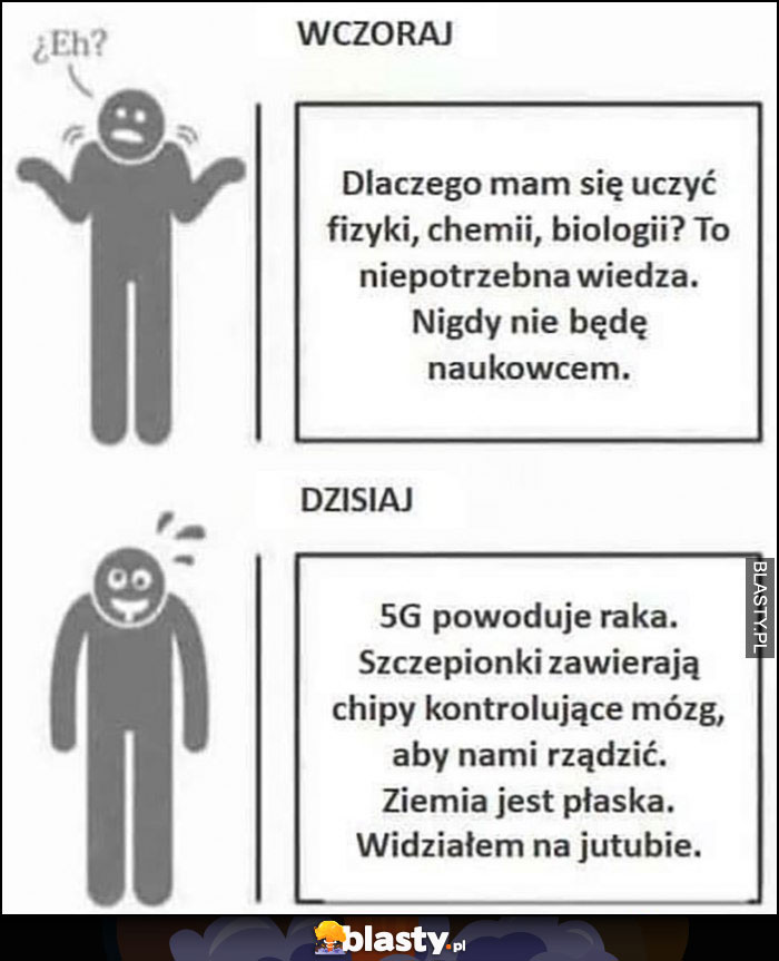 Wczoraj po co się uczyć fizyki, chemii, biologii skoro nigdy nie będę naukowcem? Dzisiaj 5G powoduje raka, szczepionki mają czipy, ziemia jest płaska