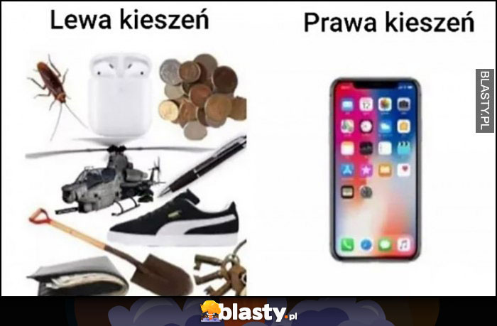 Lewa kieszeń śmieci, prawa kieszeń telefon smartfon