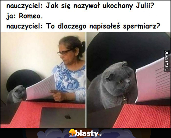 Nauczyciel: jak się nazywał ukochany Julii, kot: Romeo, nauczyciel: to czemu napisałeś spermiarz?