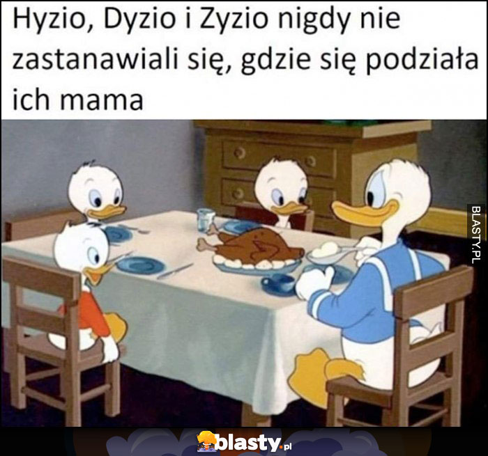 Hyzio, Dyzio i Zyzio nigdy nie zastanawiali się, gdzie podziała się ich mama kurczak pieczeń