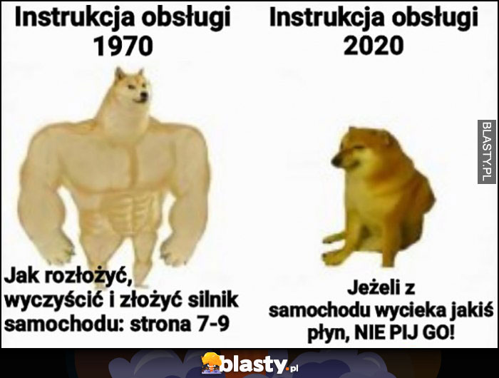 Instrukcja obsługi 1970 vs 2020: jak rozłożyć, wyczyścić i złożyć silnik samochodu, vs jeżeli z samochodu wycieka płyn nie pij go pieseł doge