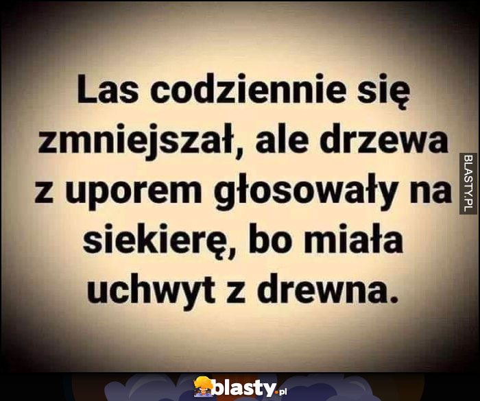 Las codziennie się zmniejszał, ale drzewa z uporem głosowały na siekierę bo miała uchwyt z drewna