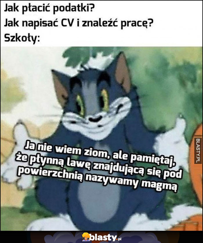 Jak płacić podatki? Jak napisać CV i znaleźć pracę? Szkoły: nie wiem ziom, ale pamiętaj że płynną lawę pod powierzchnią nazywamy magmą