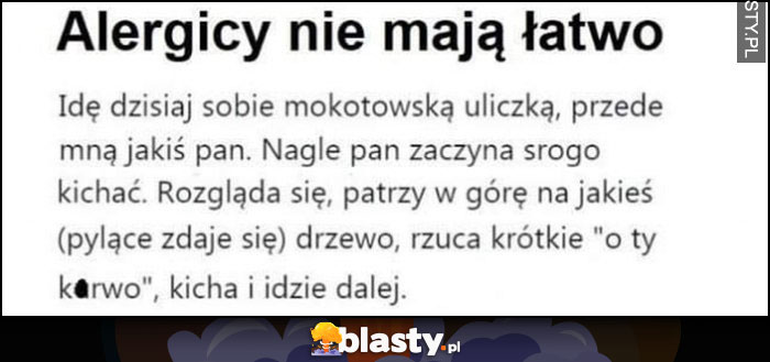 Alergicy nie mają łatwo idzie gość, kicha, patrzy na drzewo krzyczy, kicha i idzie dalej