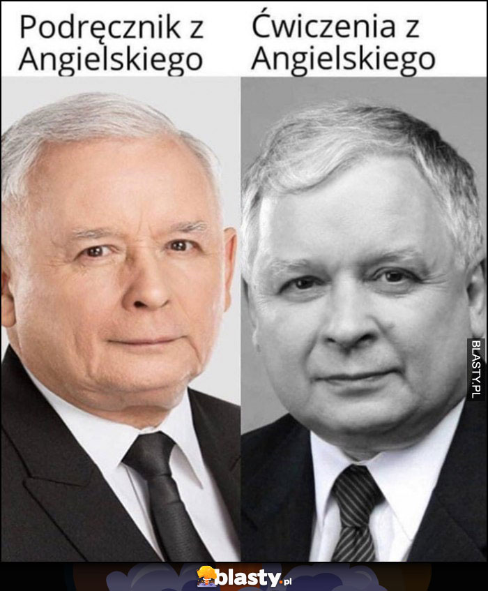 Jarosław Kaczyński podręcznik z angielskiego vs Lech Kaczyński ćwiczenia z angielskiego czarno białe