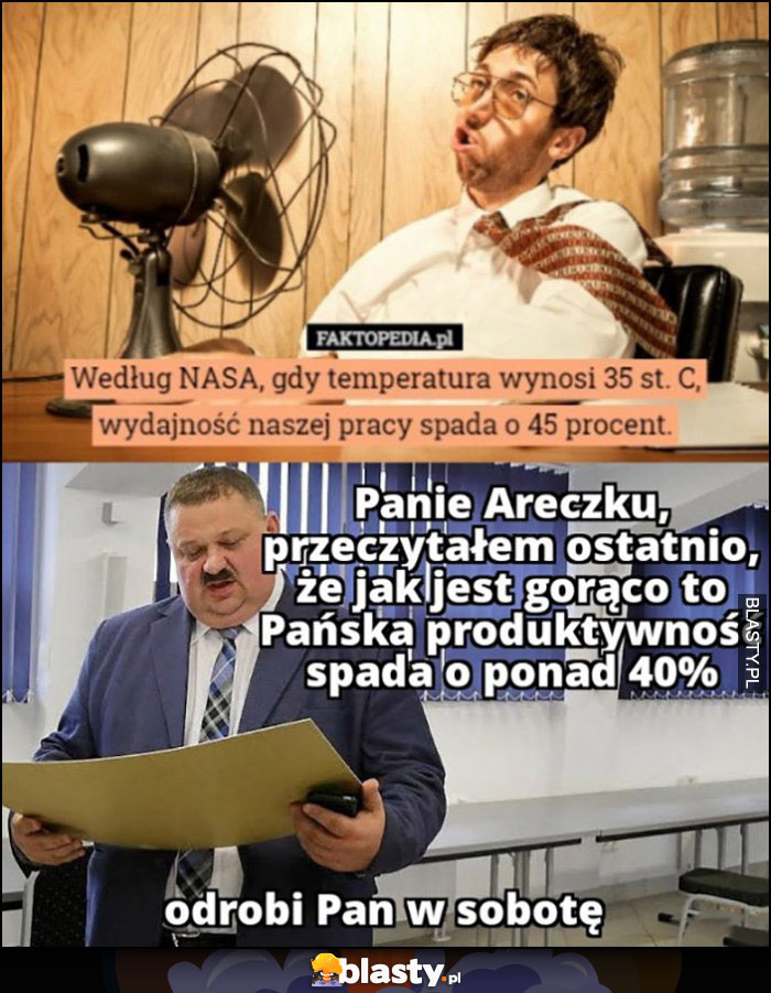 Gdy temperatura wynosi 35 stopni wydajność pracy spada o 45 procent, Panie Areczku odrobi Pan w sobotę Janusz Alfa