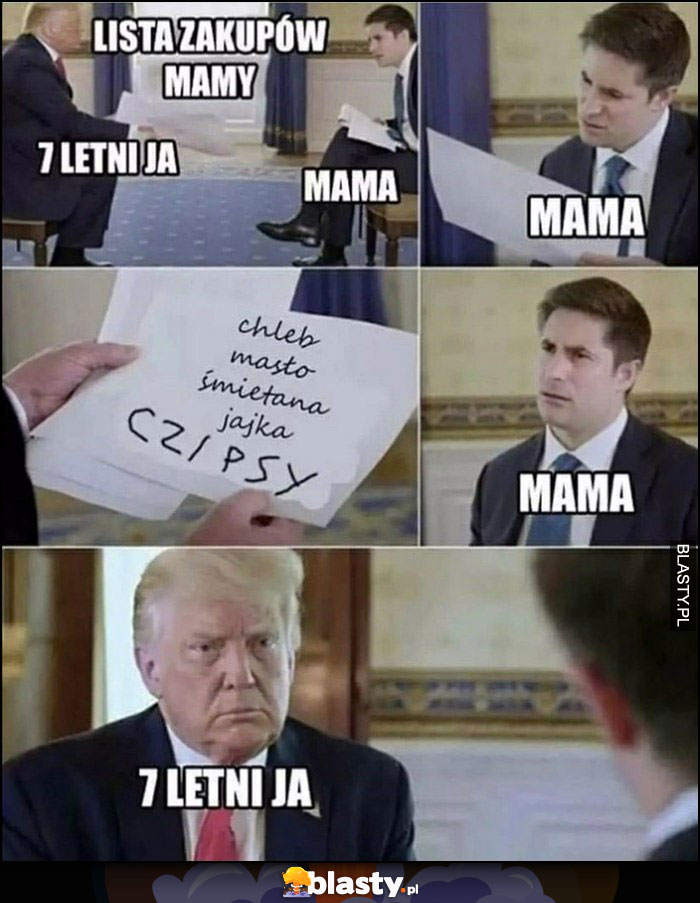 Lista zakupów mamy, 7 letni ja czipsy Donald Trump mama zdziwiona