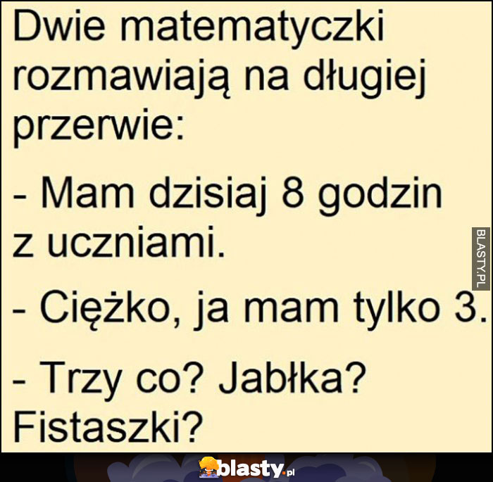 Matematyczki rozmawiają na przerwie: mam dziś 8 godzin lekcji, ciężko ja mam tylko 3. Trzy co? Jabłka? Fistaszki?