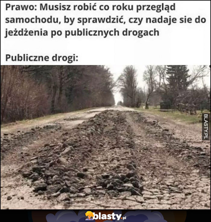 Prawo: musisz co roku robić przegląd, żeby auto nadawało się do jeżdżenia po drogach publicznych, tymczasem drogi publiczne w ruinie