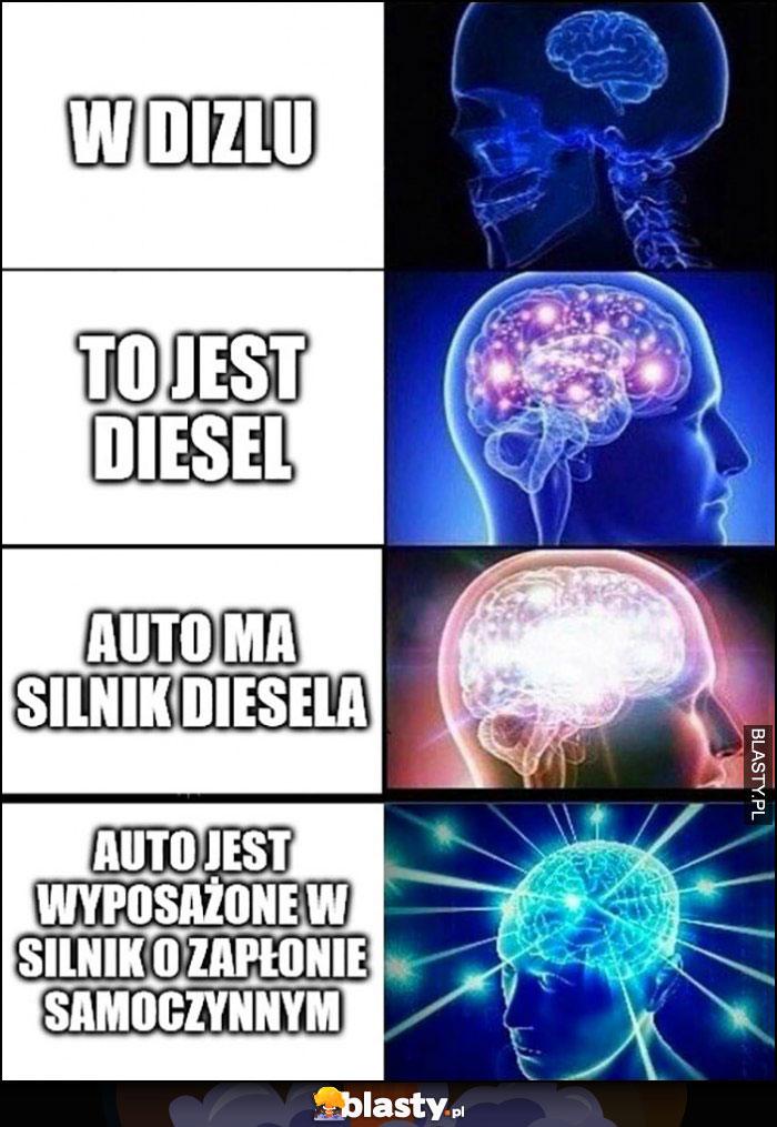 Mózg mózgi: w dizlu, to jest diesel, auto ma silnik diesla, auto jest wyposażone w silnik o zapłonie samoczynnym