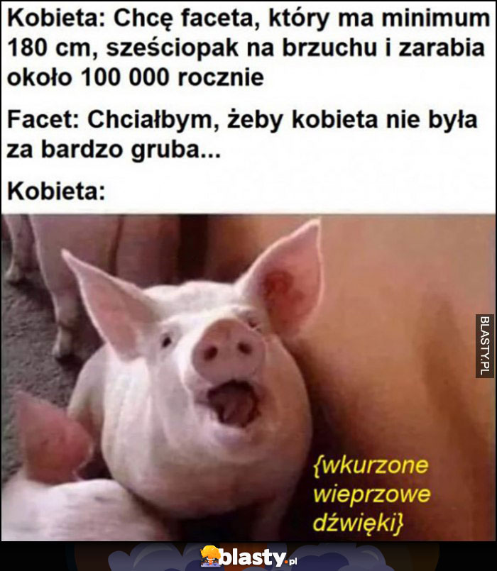 Kobieta: chcę faceta 180cm, z sześciopakiem i dobrymi zarobkami, facet: chciałbym żeby kobieta nie była za bardzo gruba tymczasem kobieta świnia świnka