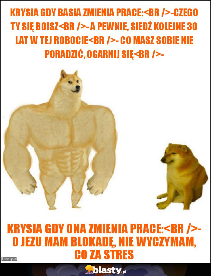 Krysia gdy Basia zmienia prace:
-czego ty się boisz
- a pewnie, siedź kolejne 30 lat w tej robocie
- co masz sobie nie poradzić, ogarnij się
-