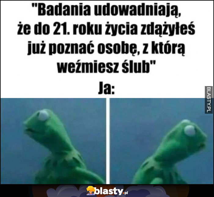 Badania dowodzą, że do 21. roku życia zdążyłeś już poznać osobę, z którą weźmiesz ślub, ja Kermit rozgląda się