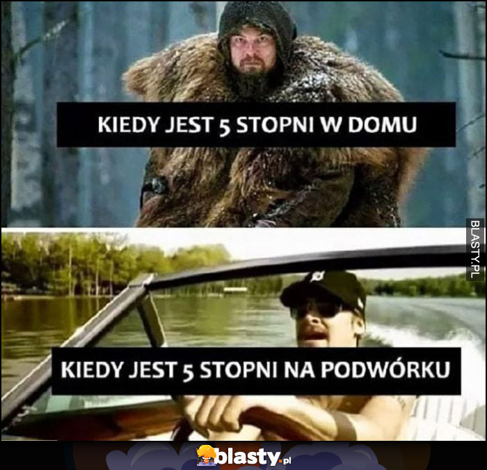 Kiedy jest 5 stopni w domu vs kiedy jest 5 stopni na podwórku porównanie Leonardo Dicaprio