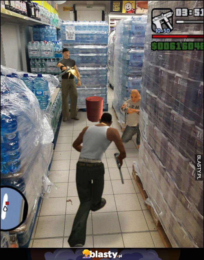 Scena strzelanina misja z GTA Grand Theft Auto w Biedrze Biedronce