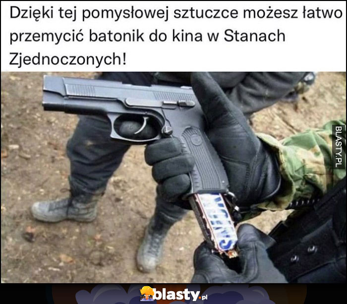 Snickers batonik jako magazynek pistoletu, dzięki tej pomysłowej sztuczce możesz łatwo przemycić go do kina w USA Stanach Zjednoczonych