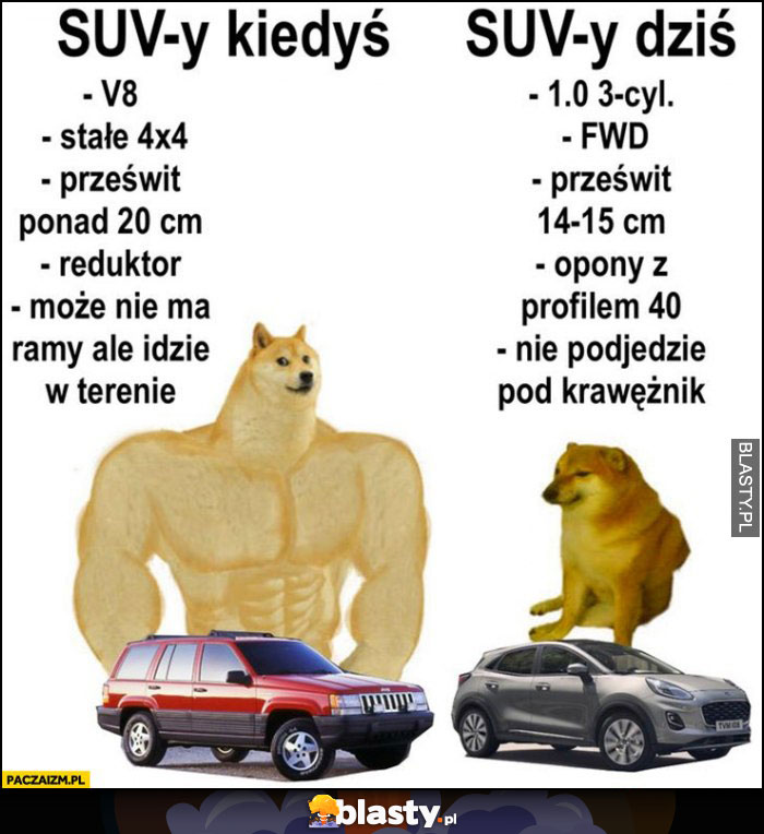 SUVy kiedyś vs dziś porównanie pies pieseł doge cheems