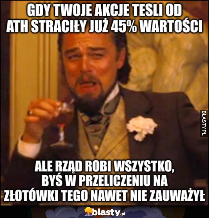 Gdy twoje akcje Tesli straciły już 45% wartości ale rząd robi wszystko, żebyś w przeliczeniu na złotówki nawet tego nie zauważył Leonardo Dicaprio