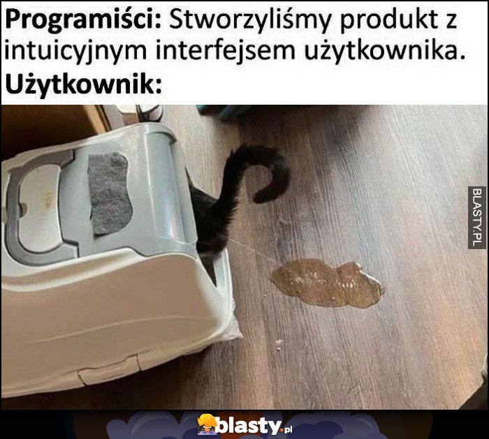 Programiści: stworzyliśmy produkt z intuicyjnym interfejsem użytkownika vs użytkownik kot w kuwecie sika poza kuwetę