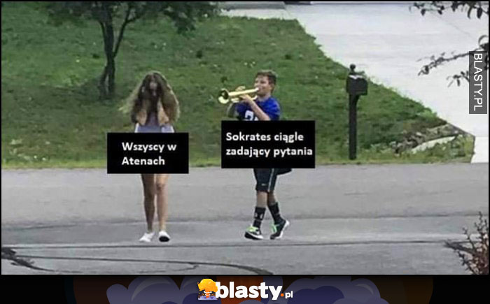 Wszyscy w Atenach vs Sokrates ciągle zadający pytania dzieciak gra na trąbce dziewczynce do ucha