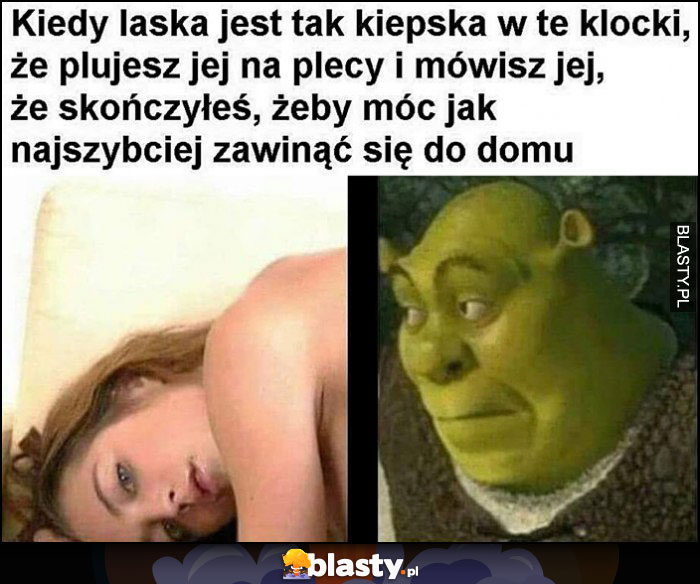 Kiedy laska jest tak kiepska w te klocki, że plujesz jej na plecy i mówisz, że skończyłeś, żeby móc jak najszybciej zawinąć się do domu Shrek