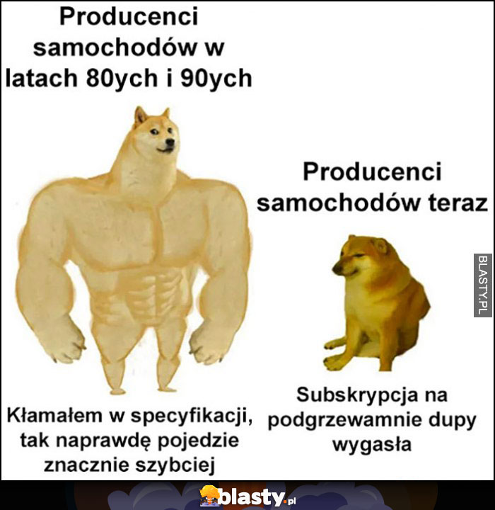 Producenci samochodów w latach '80 i '90: kłamałem w specyfikacji, pojedzie szybciej vs teraz: subskrypcja na podgrzewanie dupy wygasła pieseł doge cheems