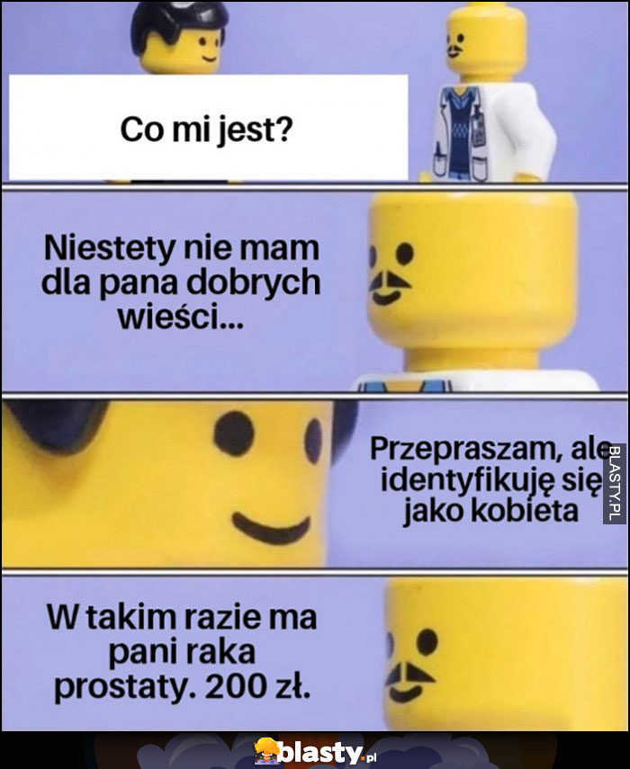 Pacjent: co mi jest? Lekarz: nie mam dla pana dobrych wieści, identyfikuję się jako kobieta, w takim razie ma pani raka prostaty, 200 zł Lego