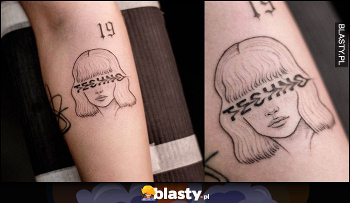 Fajny kreatywny tatuaż dziewczyna z napisem techno na oczach