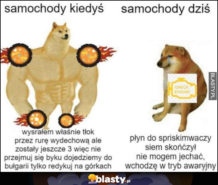 Samochody kiedyś vs samochody dziś: płyn do spryskiwaczy się skończył, wchodzę w tryb awaryjny pies pieseł doge cheems