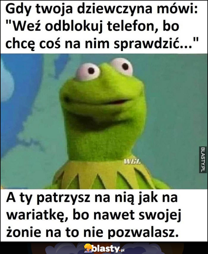 Kermit gdy twoja dziewczyna mówi weź odblokuj telefon, chcę coś sprawdzić a ty patrzysz na nią jak na wariatkę, bo nawet swojej żonie na to nie pozwalasz