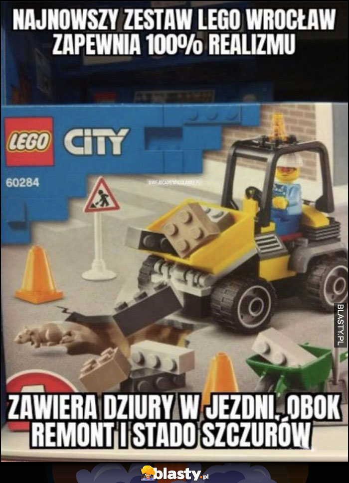 Najnowszy zestaw Lego Wrocław zapewnia 100% realizmu, zawiera dziury w jezdni, obok remont i stado szczurów