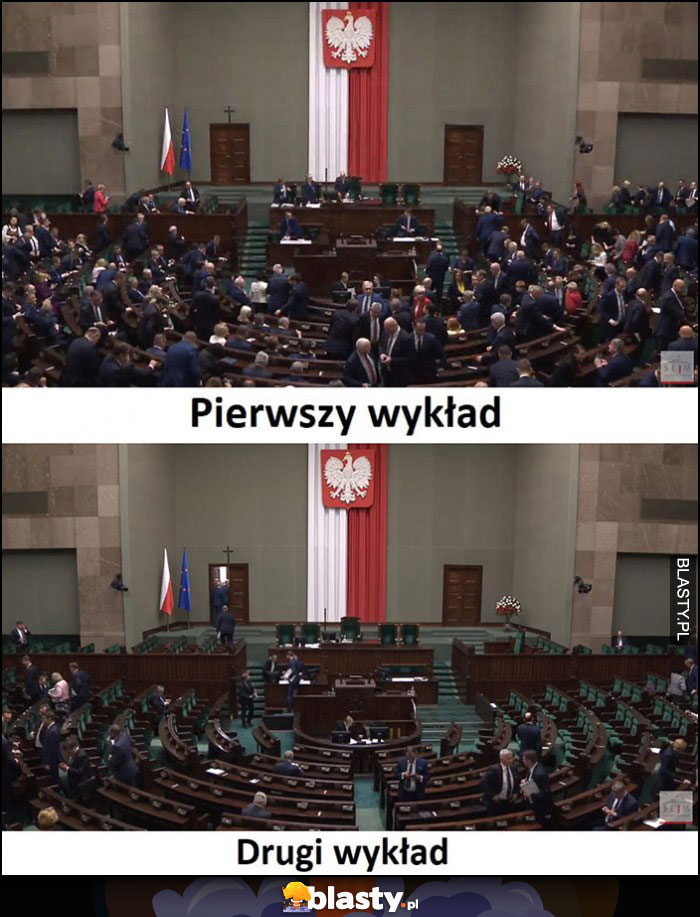 Pierwszy wykład pełna sala vs drugi wykład pusta sala rząd parlament sejm